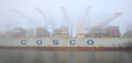 Containerschiff liegt im dichten Nebel am Terminal Tollerort (26...