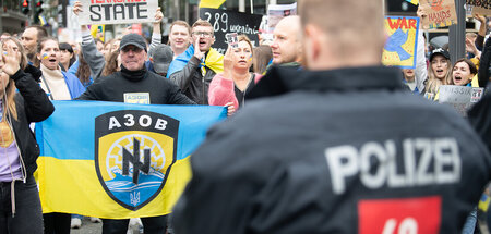 Proukrainischer Demonstrant hält eine Flagge mit dem Emblem des ...