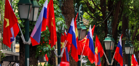 Vietnamesisch-russisches Flaggenmeer zur Begrüßung Wladimir Puti...