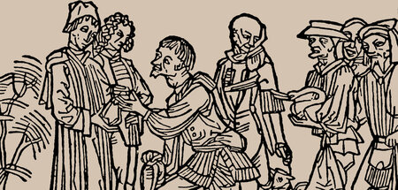 Bauern beim Abliefern der Abgaben. Holzschnitt aus Rodericus Zam... Bauern beim Abliefern der Abgaben. Holzschnitt aus Rodericus Zam...