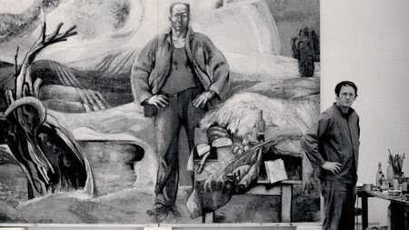 Wolfram Schubert bei der Arbeit an seinem Bild »Brot für alle« i... Wolfram Schubert bei der Arbeit an seinem Bild »Brot für alle« i...