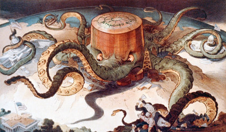 Karikatur aus dem Jahr 1904: Ein Öltank der Standard Oil als Kra...